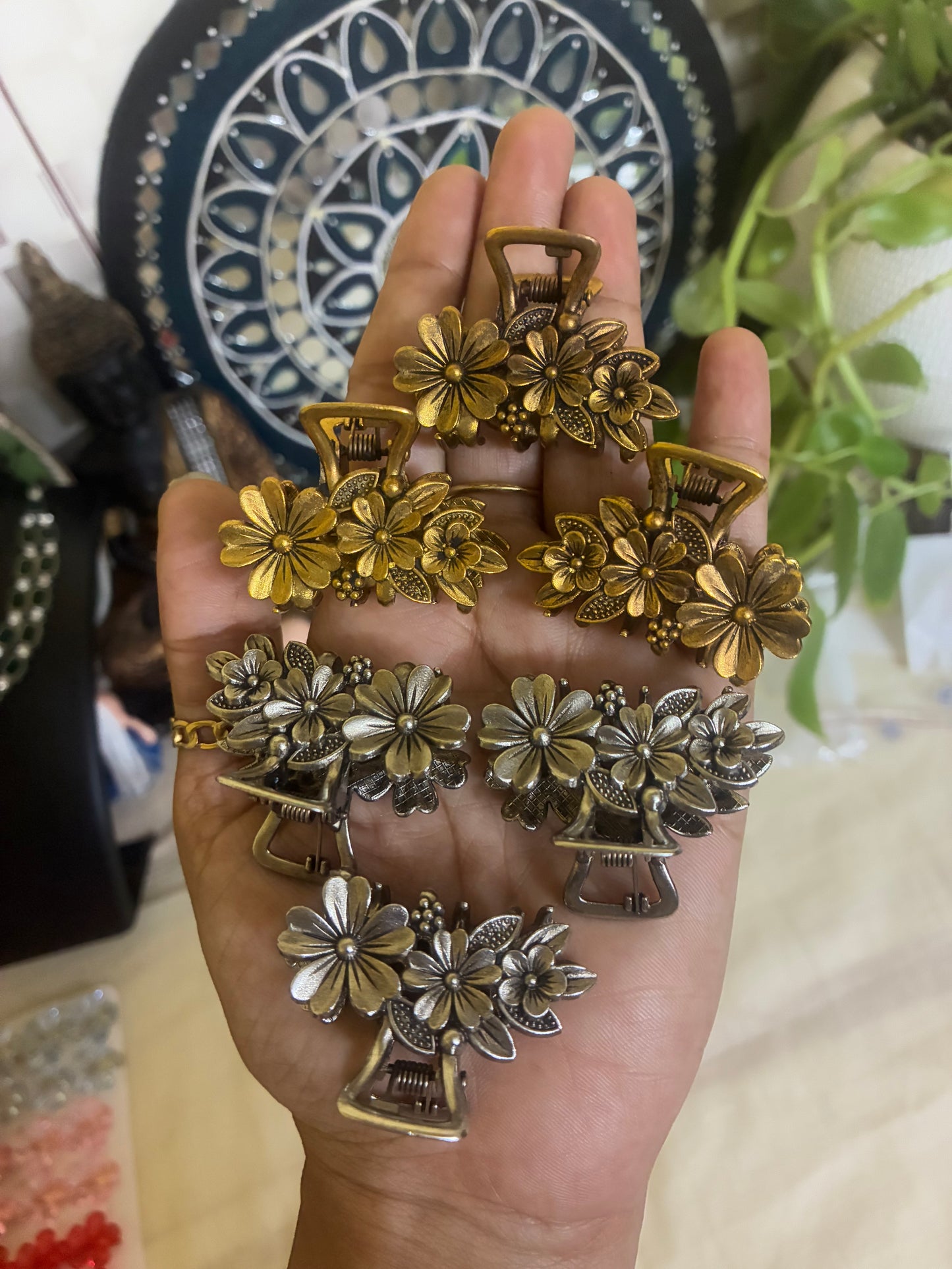 Antique hair clips silver and gold