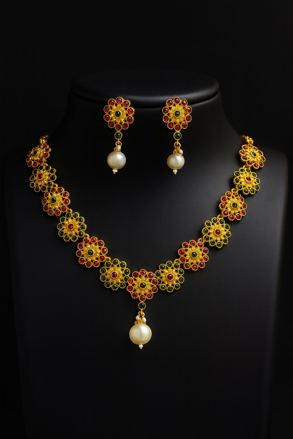 Floral Antique Gold Necklace Set with Ruby, Emerald Stones and Pearl Drops and pearl drops earings