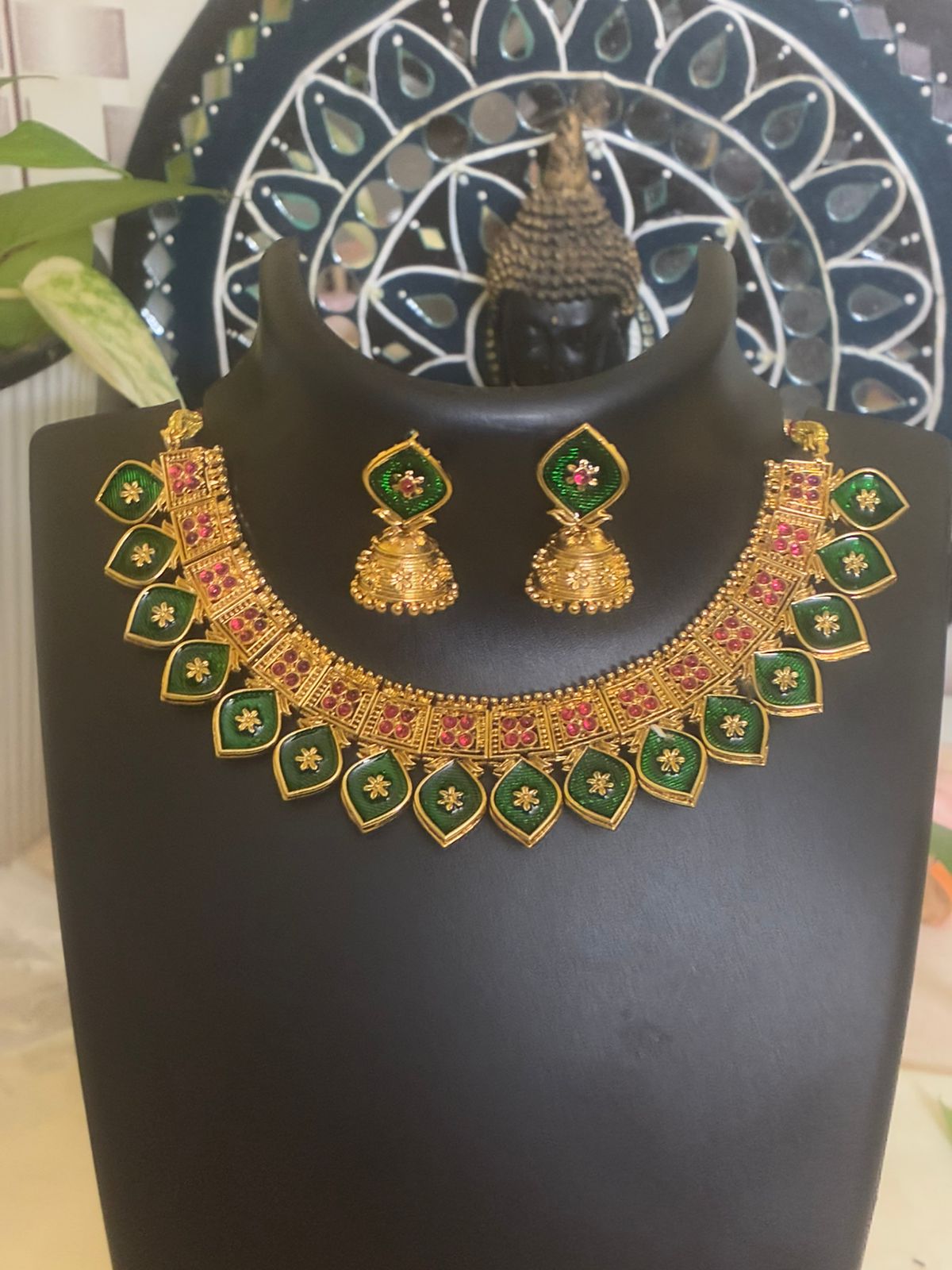 trending Emerald Grace meenakari Necklace – A Majestic Fusion of Green Enamel and Ruby Elegance with jhumkas