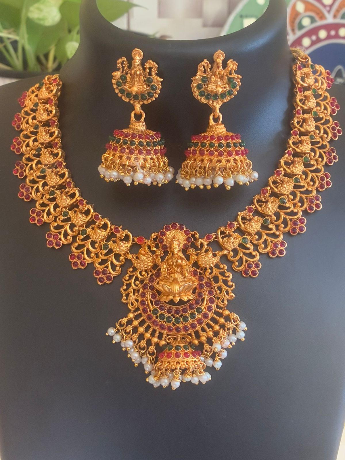 Traditional temple saraswati motif big pendent with peacock chain designed with big saraswati jimukha