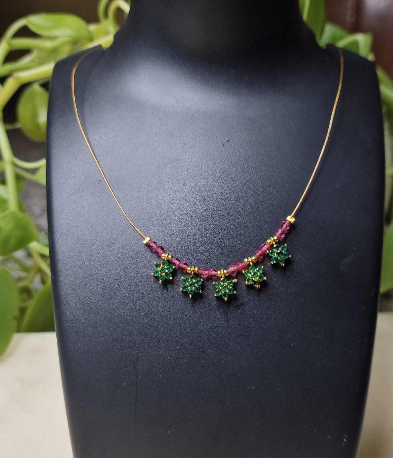 Simple and unique premium quality antique invisible neck chain with five elegant hanging pendent with green and pink colur combo