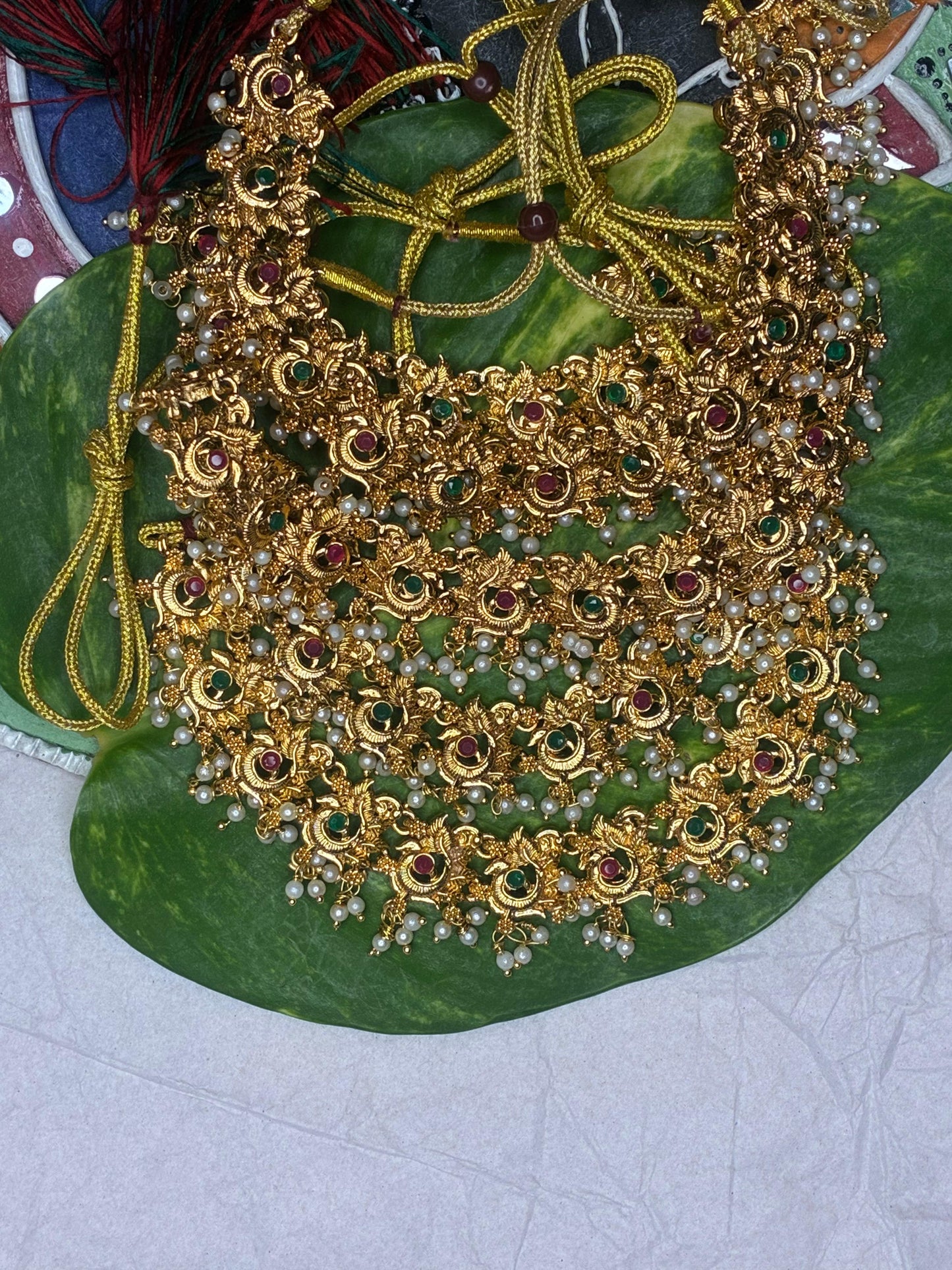 NEW ARRIVAL!!Leaf & Shank Motif beautiful temple jewellery neck piece with Ear rings