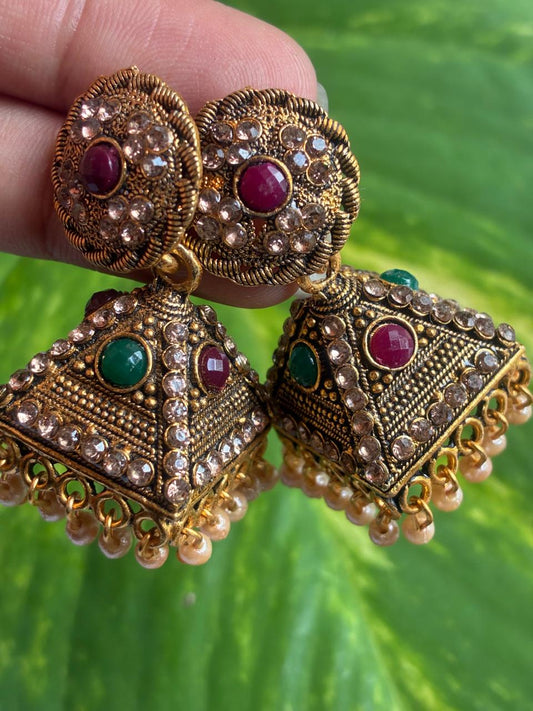 NEW Arrival| CONE & Chakra model temple ear rings with Green & Red stones