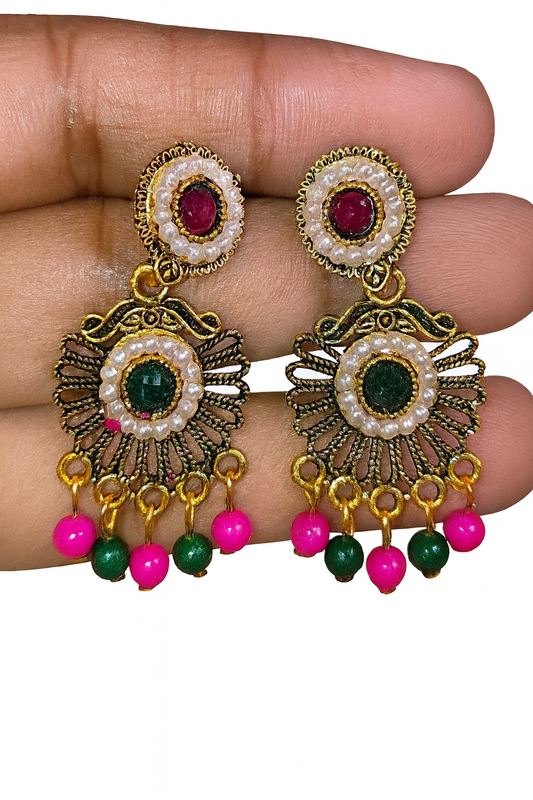 White pearl stud with hanging earnings