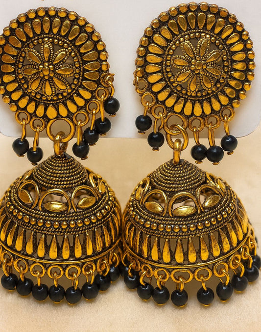 Elegant Tradition Black Jhumka/Jimmikki -Gold plated Temple jewellery category