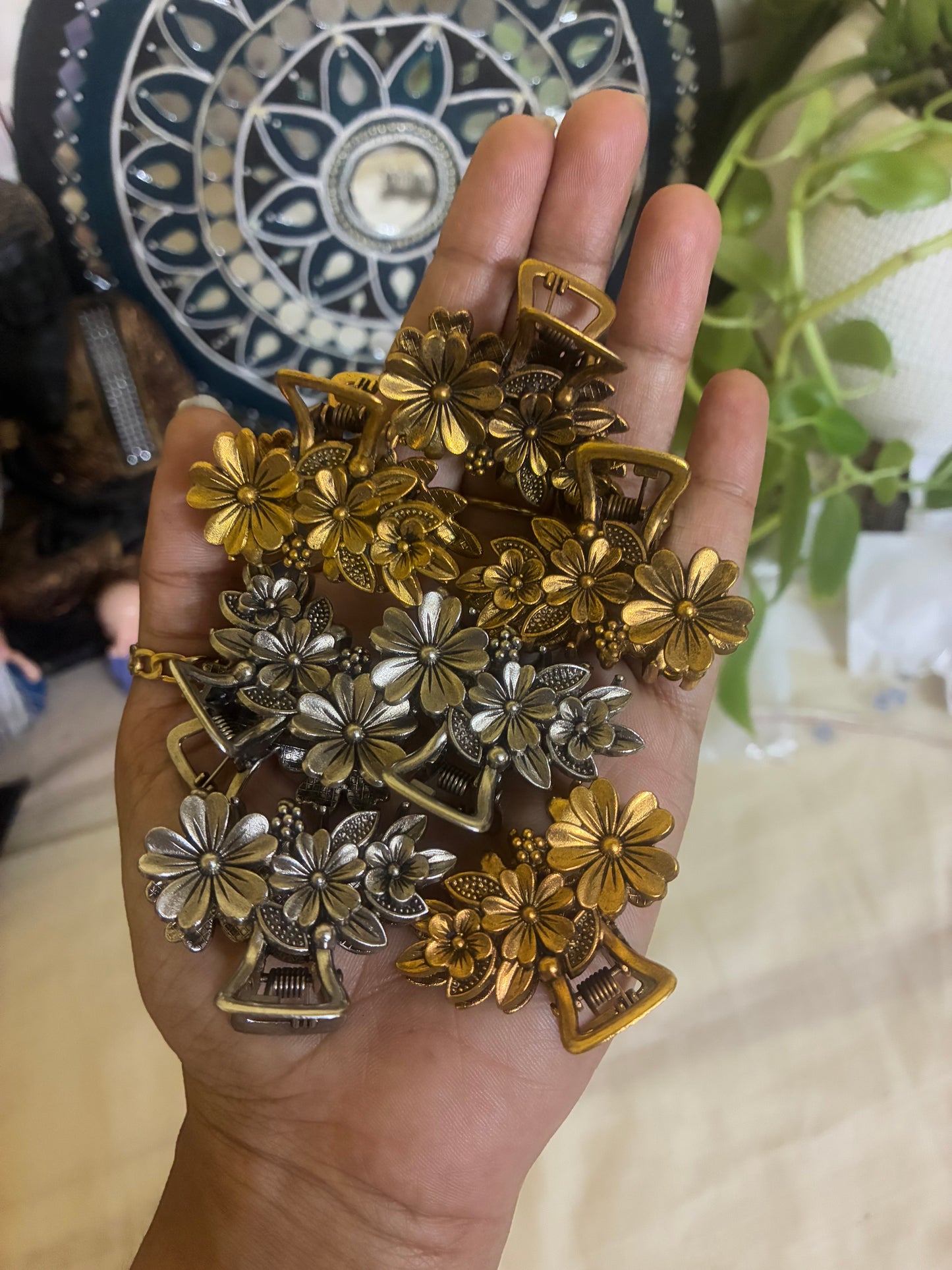 Antique hair clips silver and gold