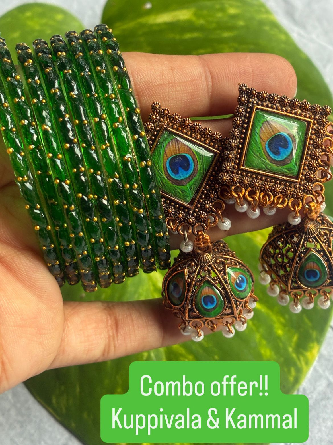 COMBO OFFER|Peacock Green Kuppivala and Jhumka/Jimmikki Combo