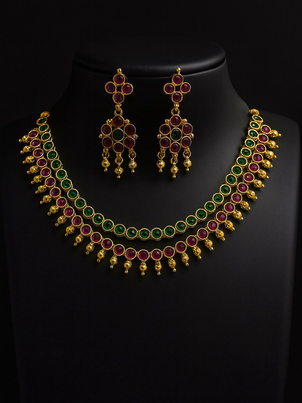 Elegant Traditional Necklace Set with Ruby and Emerald Stones with earings