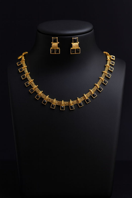 Contemporary Gold Necklace Set with Black Square Stone Detailing and Black Square Stone earings