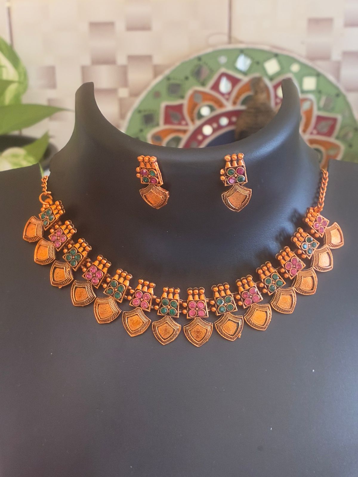 multi coloured palakka necklas with matching earings