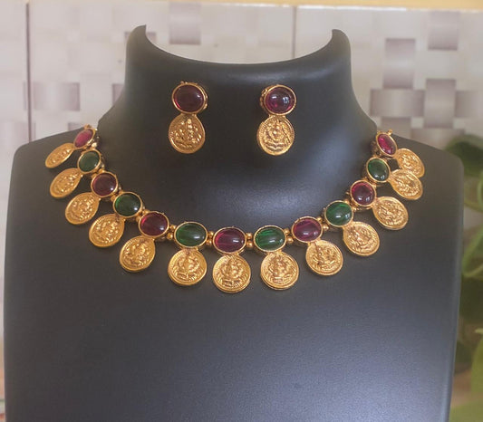 Antique Lakshmi Coin Necklace Set in Gold Finish