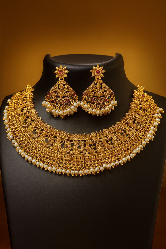 Majestic Gold Choker with Pearls & a royal touch jhumkas