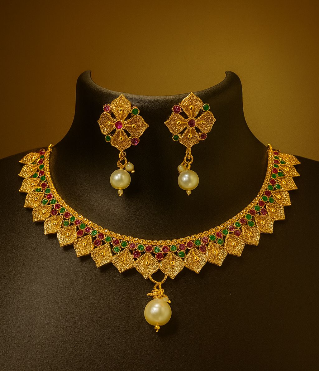 Graceful Gold Beauty – Elegant Necklace Set with Ruby, Emerald & Pearl Accents
