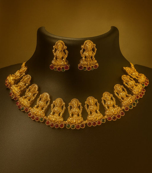 Traditional Temple Necklace Set Adorned with Goddess Motifs and Gemstone Detailing