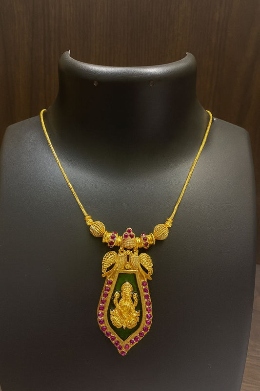 Temple-Inspired Gold Necklace – Lakshmi Pendant with Ruby & green enamel