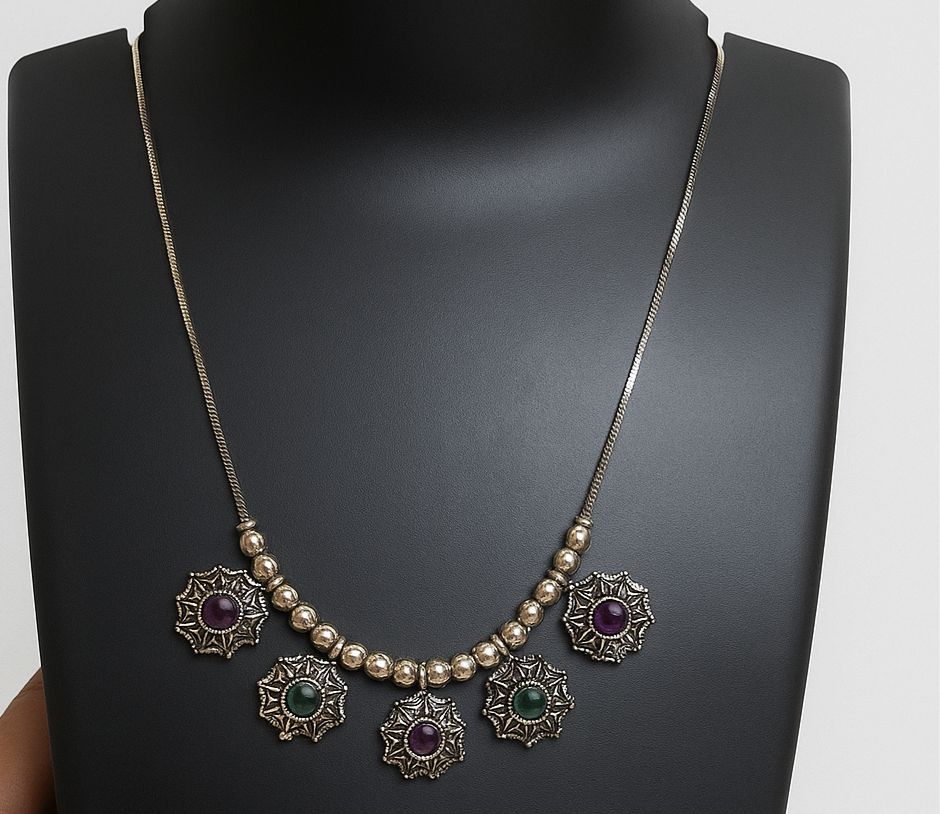 Antique Silver Dual-Tone Stone Drop Necklace|Traditional-Modern fushion