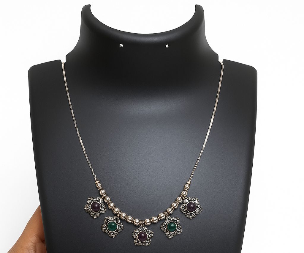 Antique Silver Dual-Tone Stone Drop Necklace|Traditional-Modern fushion