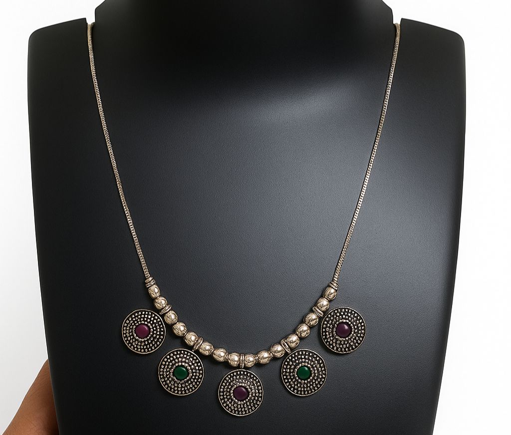 Antique Silver Dual-Tone Stone Drop Necklace|Traditional-Modern fushion