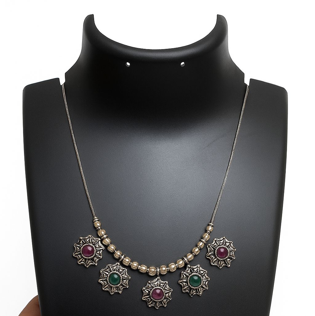 Antique Silver Dual-Tone Stone Drop Necklace|Traditional-Modern fushion