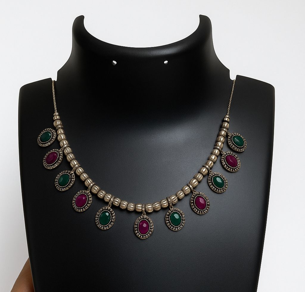 Antique Silver Dual-Tone Stone Drop Necklace|Traditional-Modern fushion