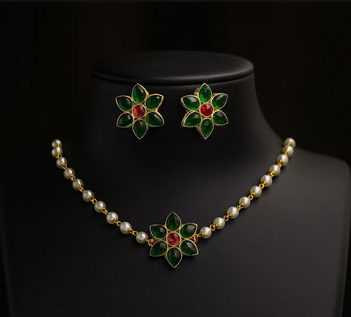 Simple Flower Neck chain with white beads & earrings|Party/Function wear|Fusion