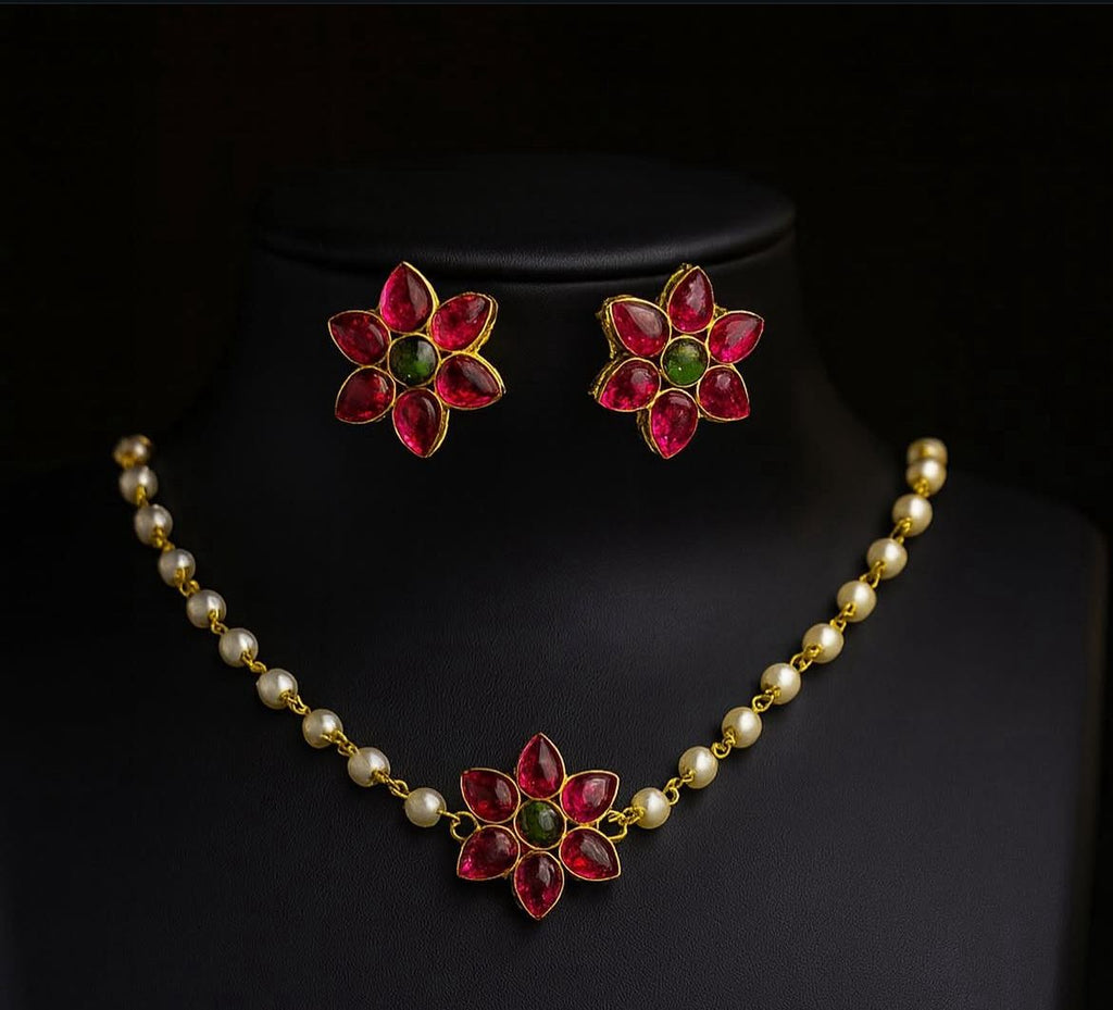 Simple Flower Neck chain with white beads & earrings|Party/Function wear|Fusion