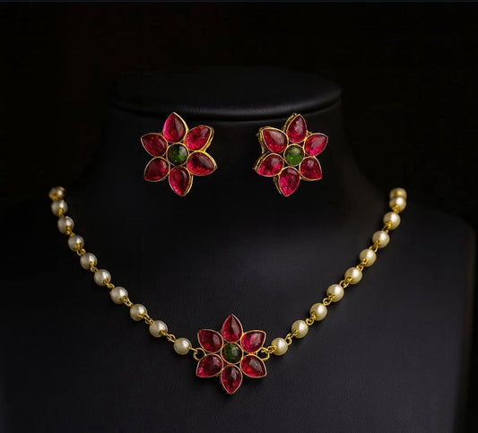 Simple Flower Neck chain with white beads & earrings|Party/Function wear|Fusion