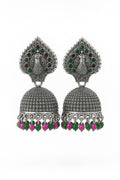 New Arrival| Peacock Motif Silver colour Jhumka/Jimmikki with Magenta and Green stones|Antique Model