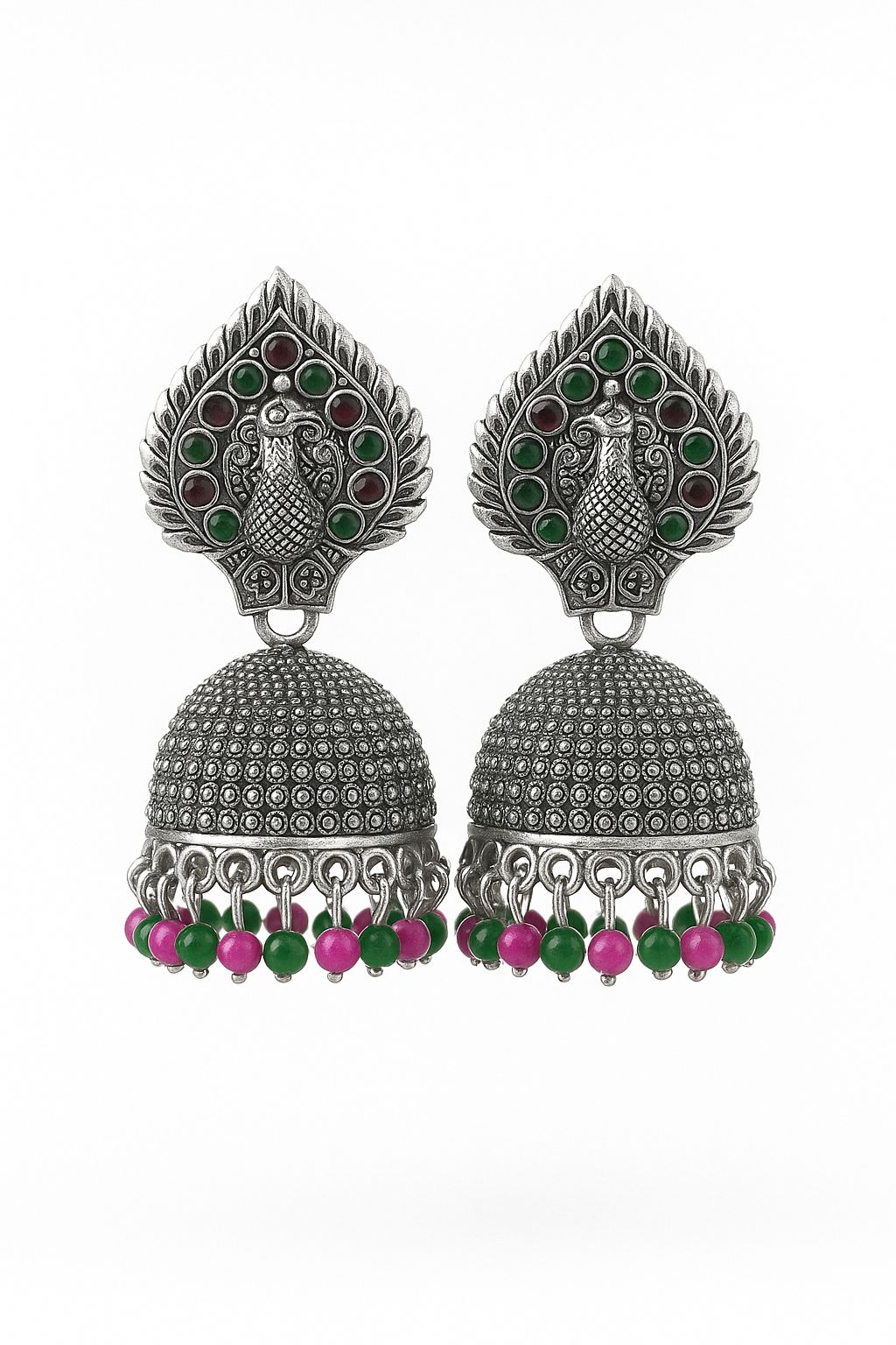 New Arrival| Peacock Motif Silver colour Jhumka/Jimmikki with Magenta and Green stones|Antique Model