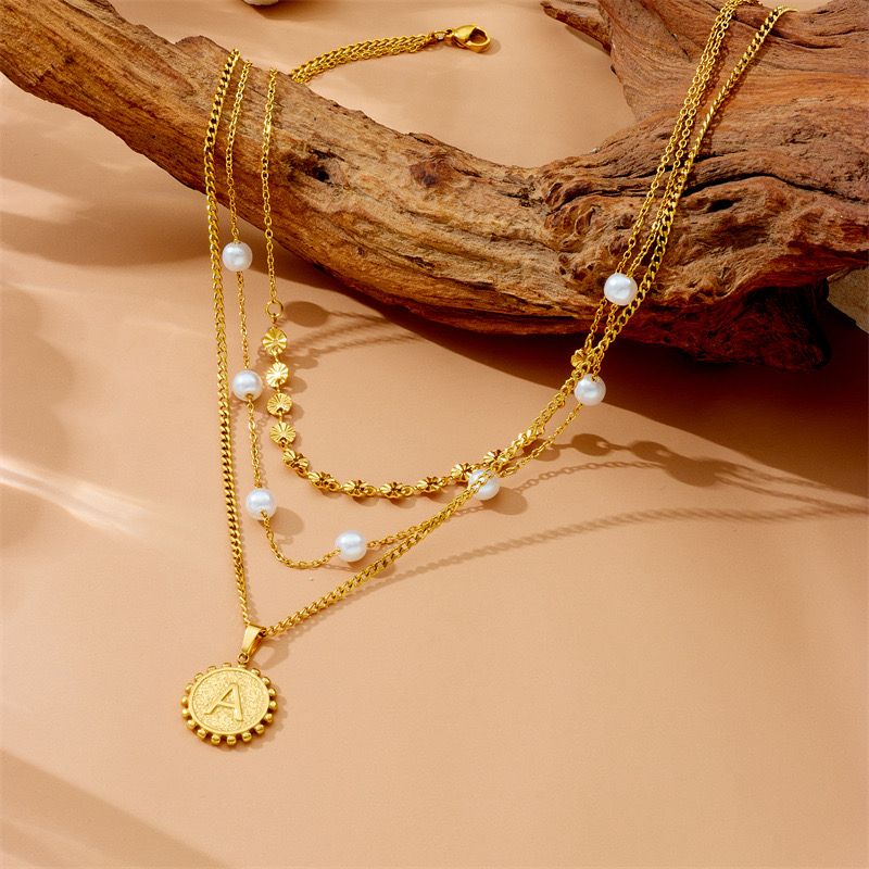 Anti tarnish New Gen Korean Multi layered neck chain |White Pearl and Letter pendant