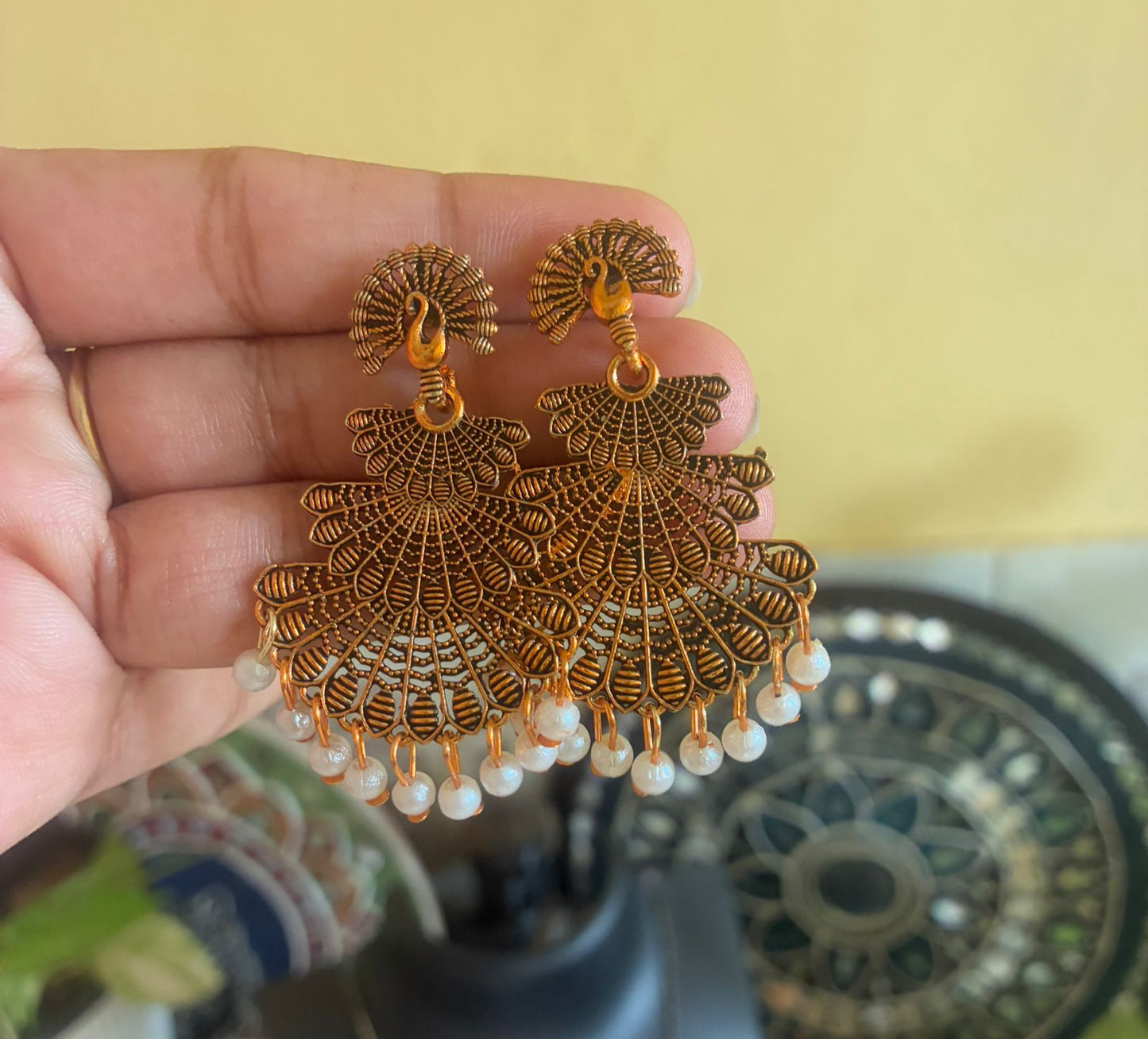 Peacock three-layer medium size earrings with white hanging beads