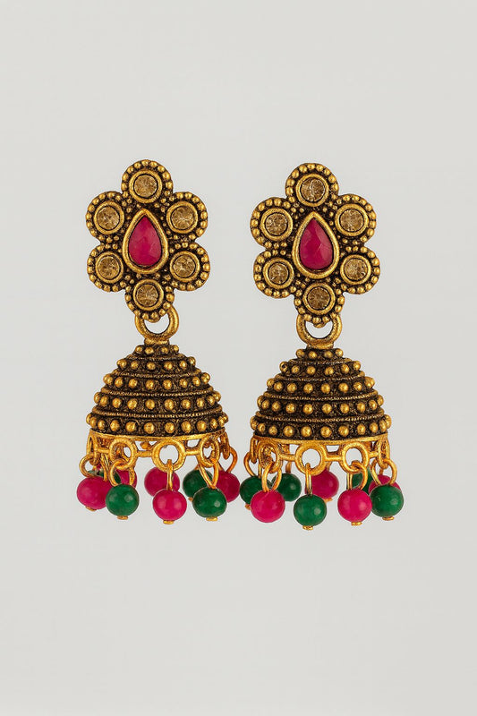 flower shaped stud with multicolor hanging beads jimukha