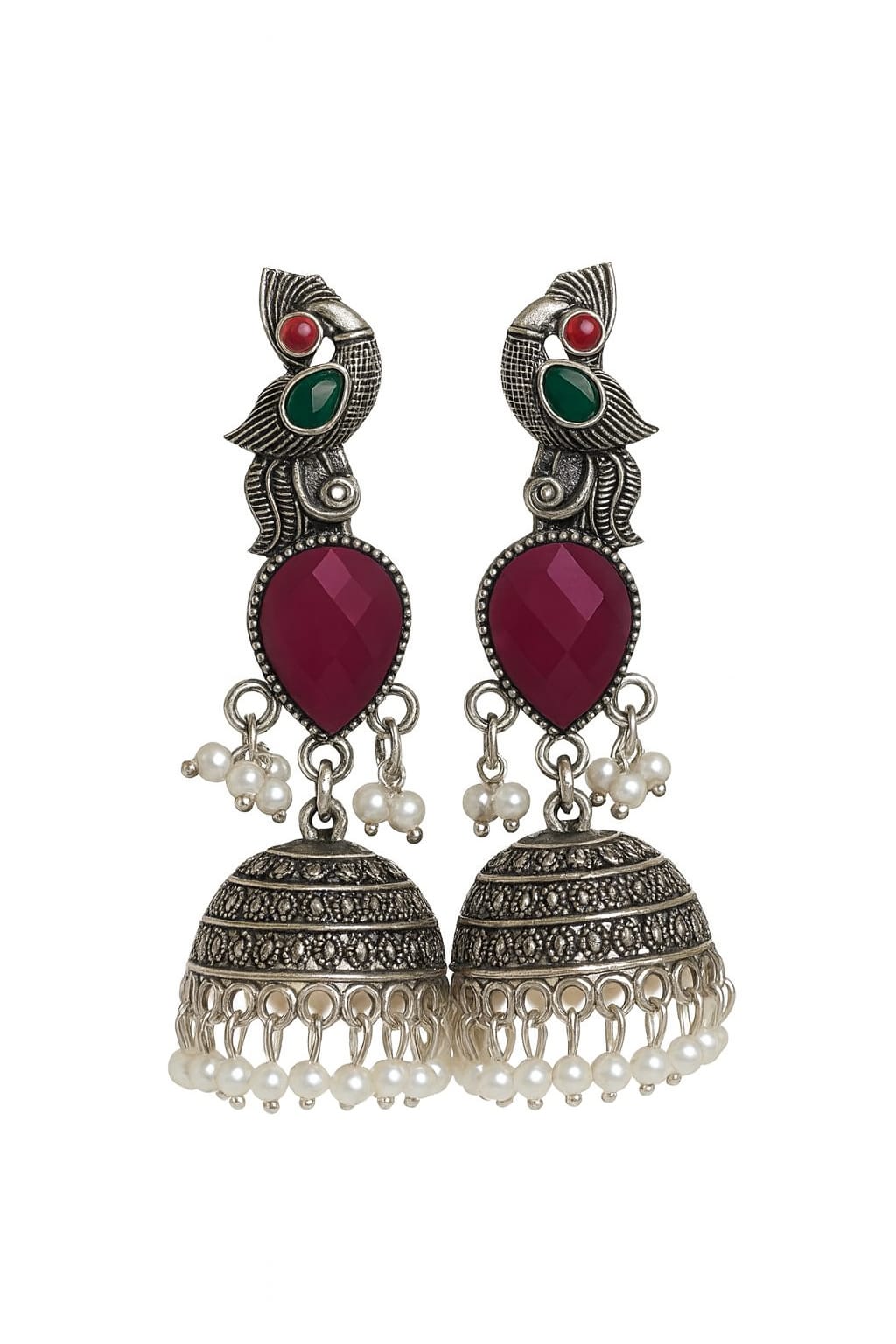Elegant and unique white metal party wear peacock stud long hanging jimukha with stones and beads