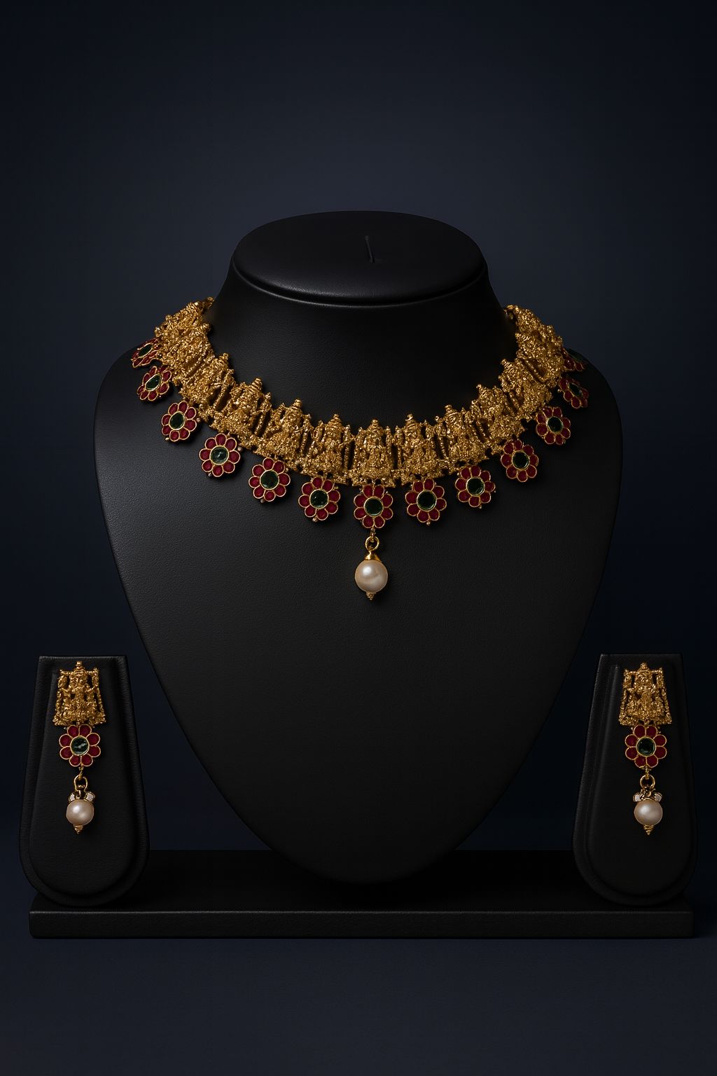 saraswati motif flower chocker with flower hanging earrnings