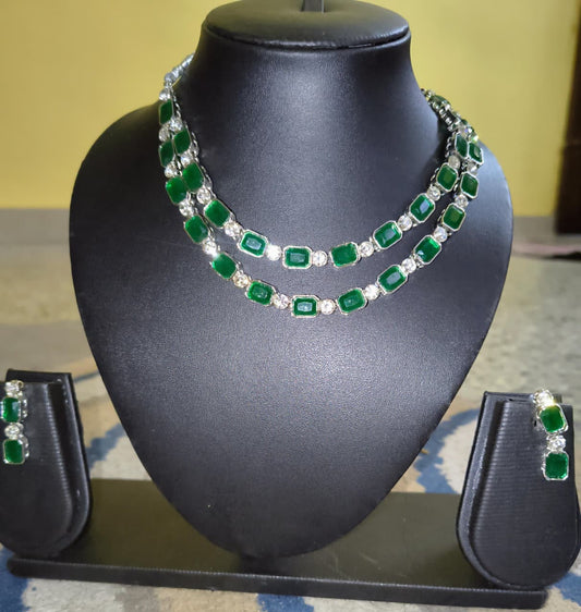 silver plated with green square ruby stone two-layer neck piece with stone earnings