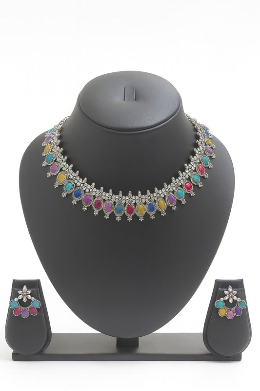 silver plated multicolored chocker with unique earrings