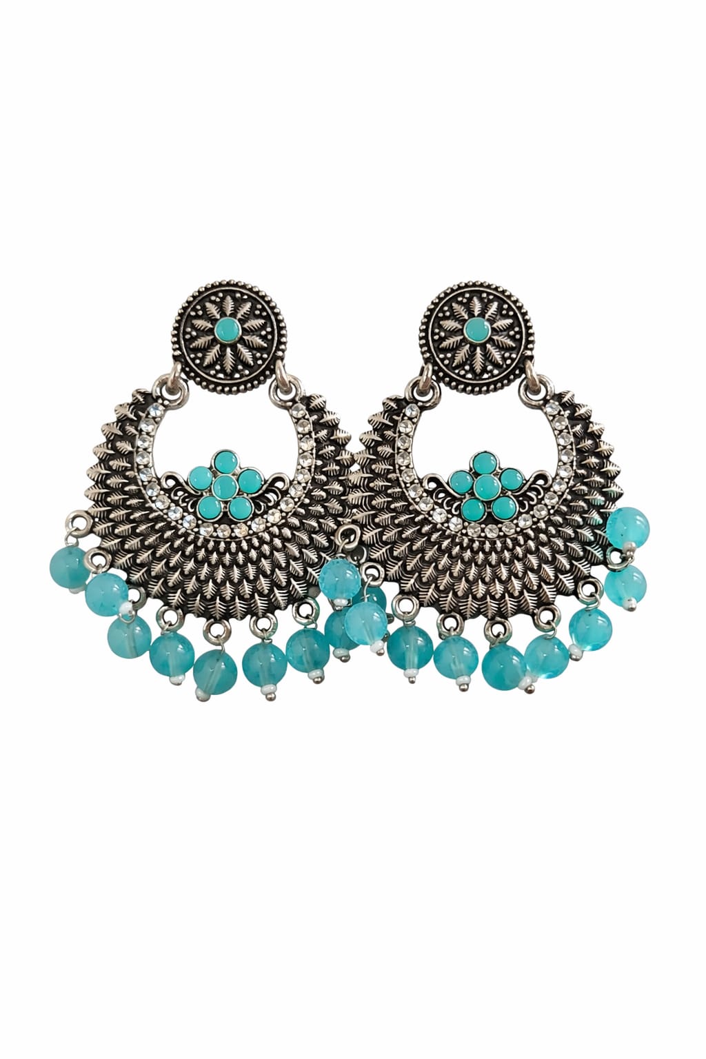 Unique and elegant designed white metal earrings with hanging beads