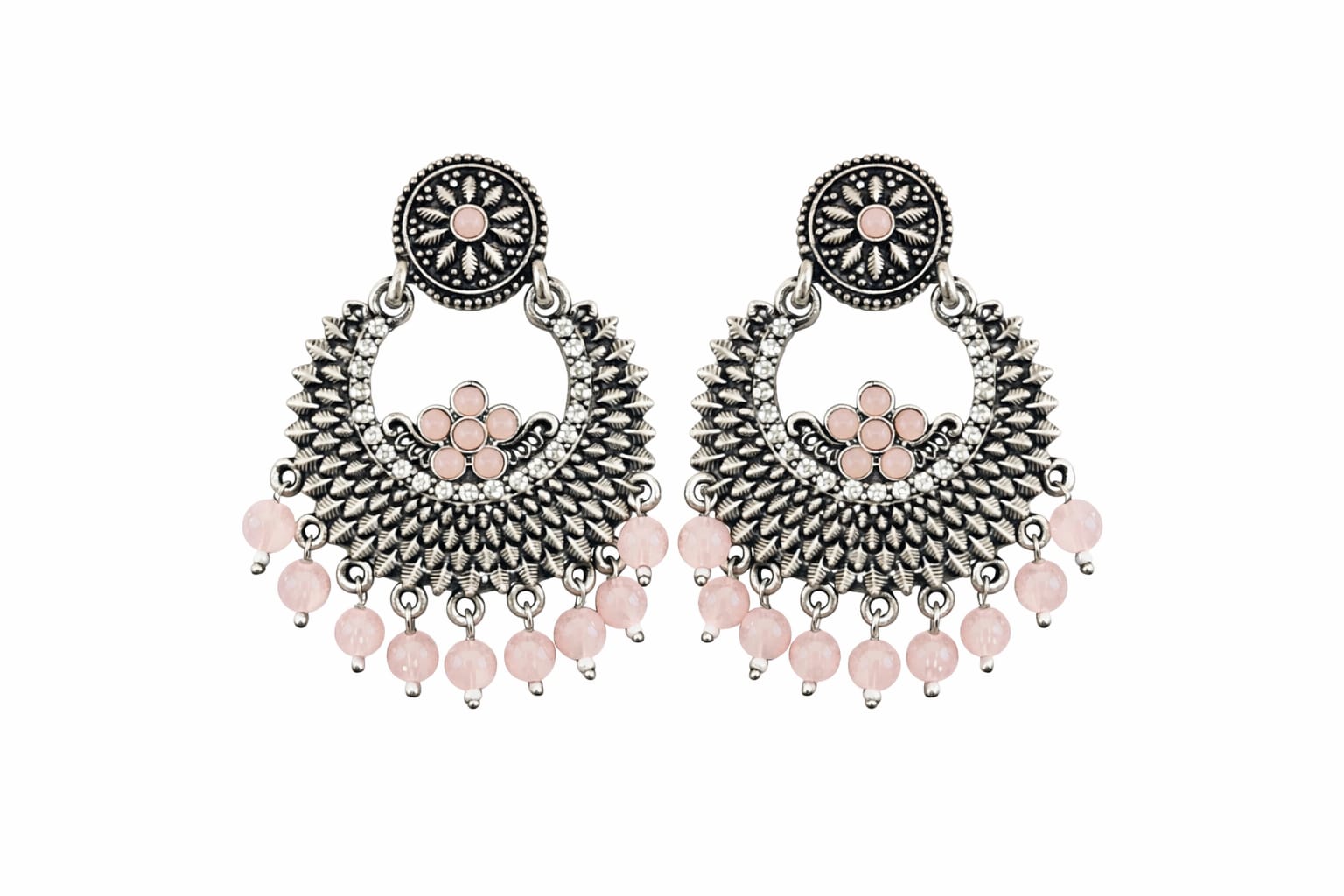 Unique and elegant designed white metal earrings with hanging beads