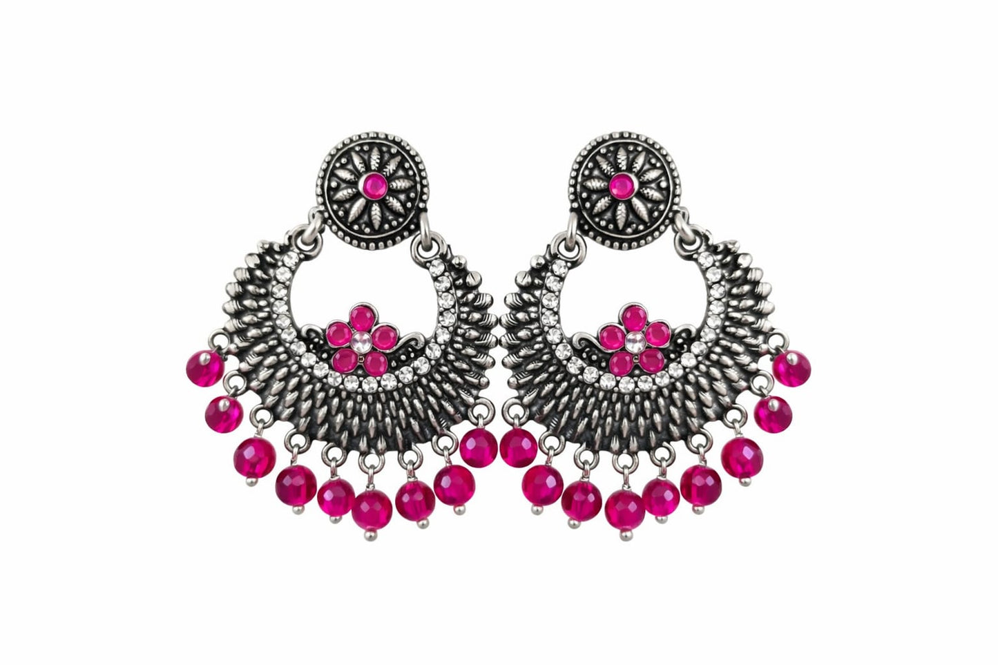 Unique and elegant designed white metal earrings with hanging beads