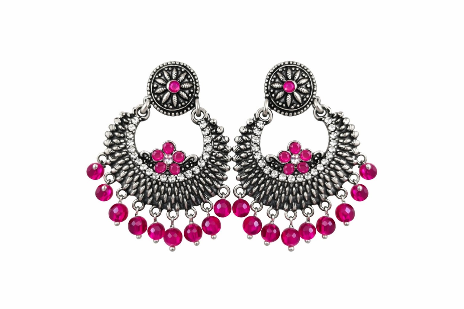 Unique and elegant designed white metal earrings with hanging beads