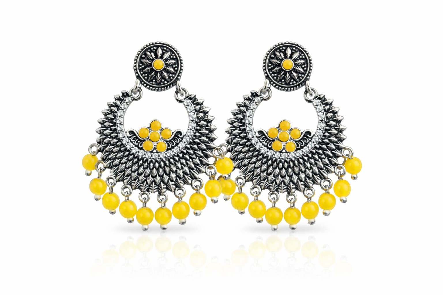 Unique and elegant designed white metal earrings with hanging beads