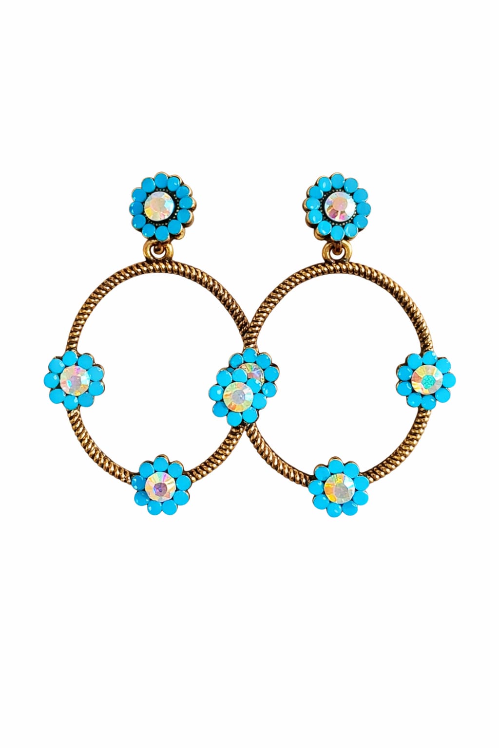 Simple and unique oval shaped flower hanging earnings with flower stud
