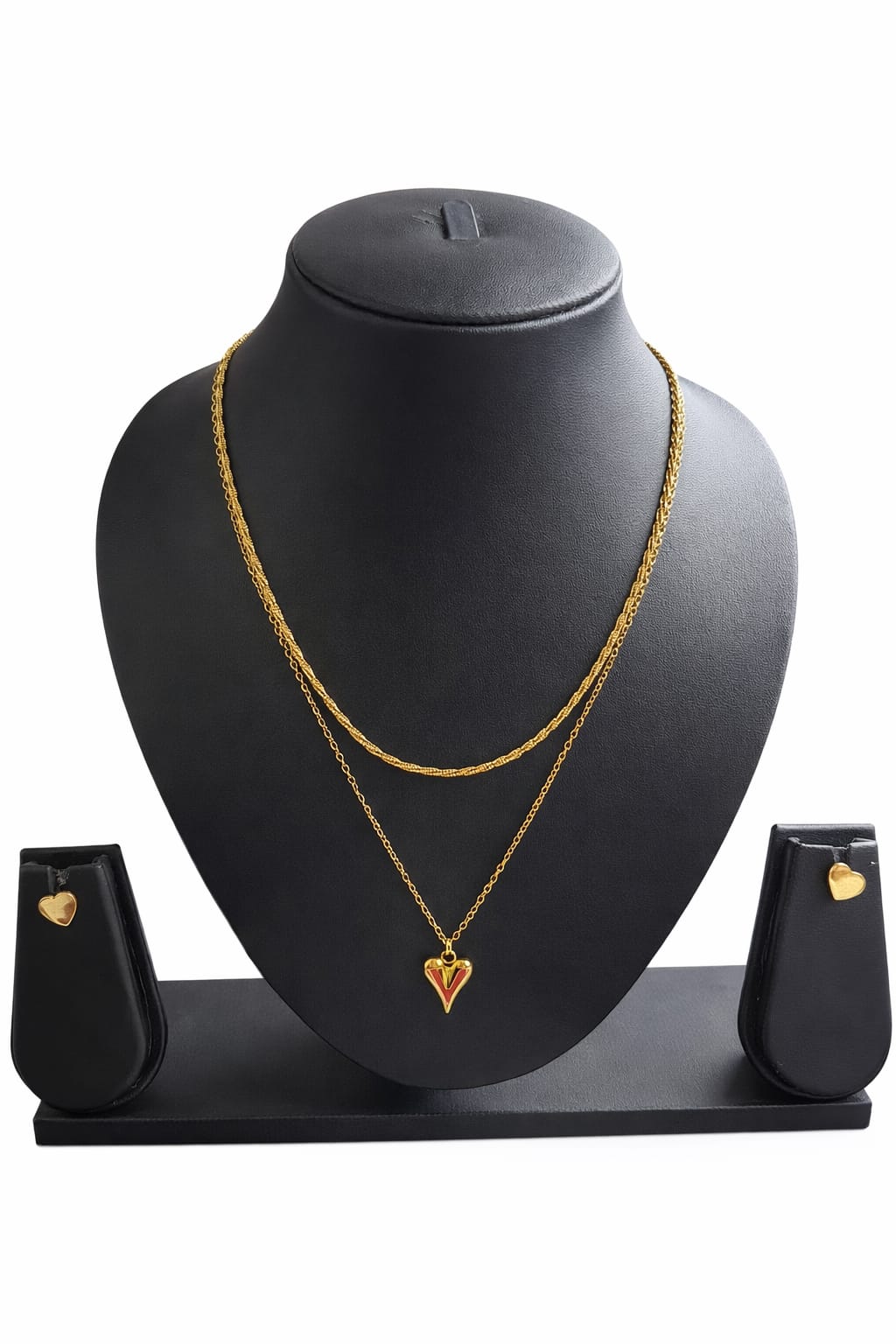 Anti tarnish double layer heart pendent chain with heart shaped stud