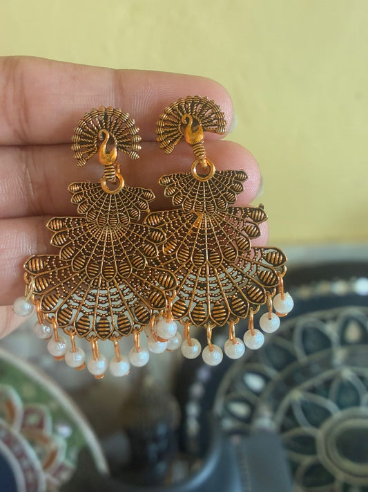 Peacock three-layer medium size earrings with white hanging beads