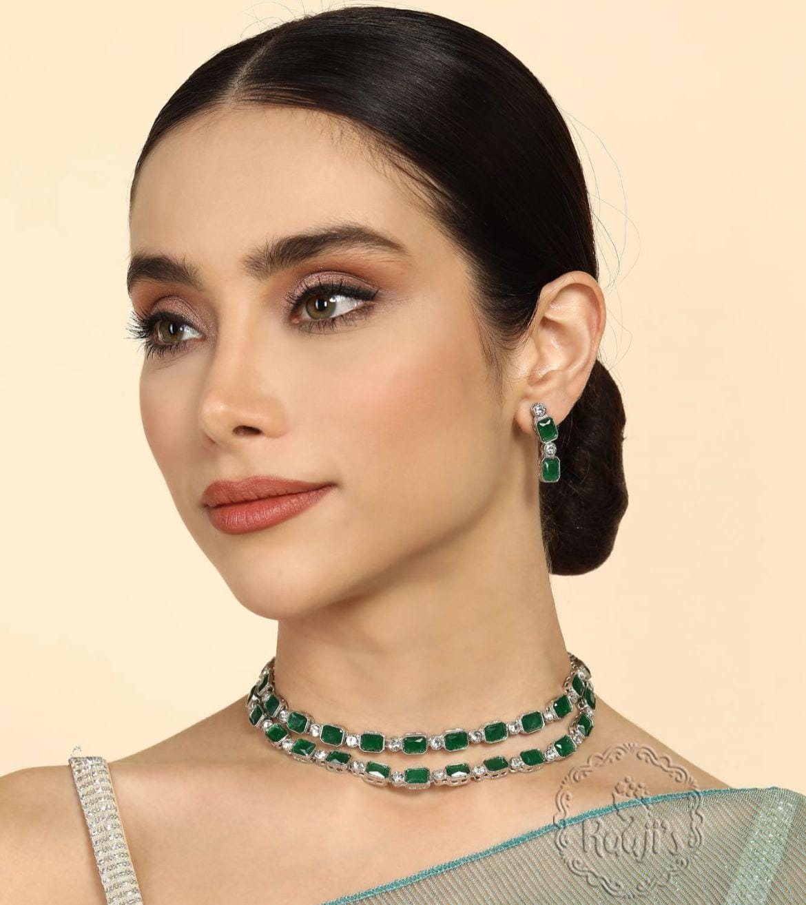 silver plated with green square ruby stone two-layer neck piece with stone earnings
