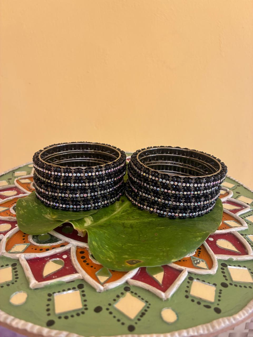 PREMIUM QUALITY Black Bangles with white sparkling stones set of 4