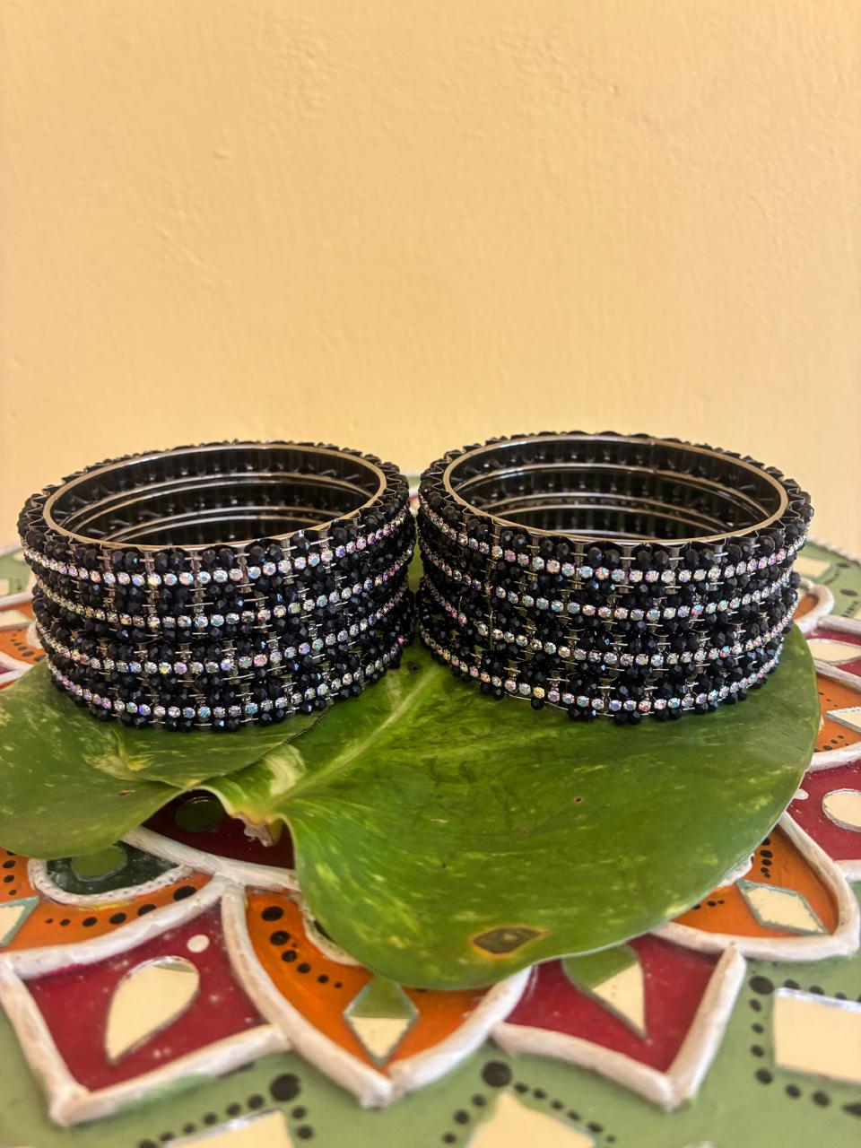 PREMIUM QUALITY Black Bangles with white sparkling stones set of 4