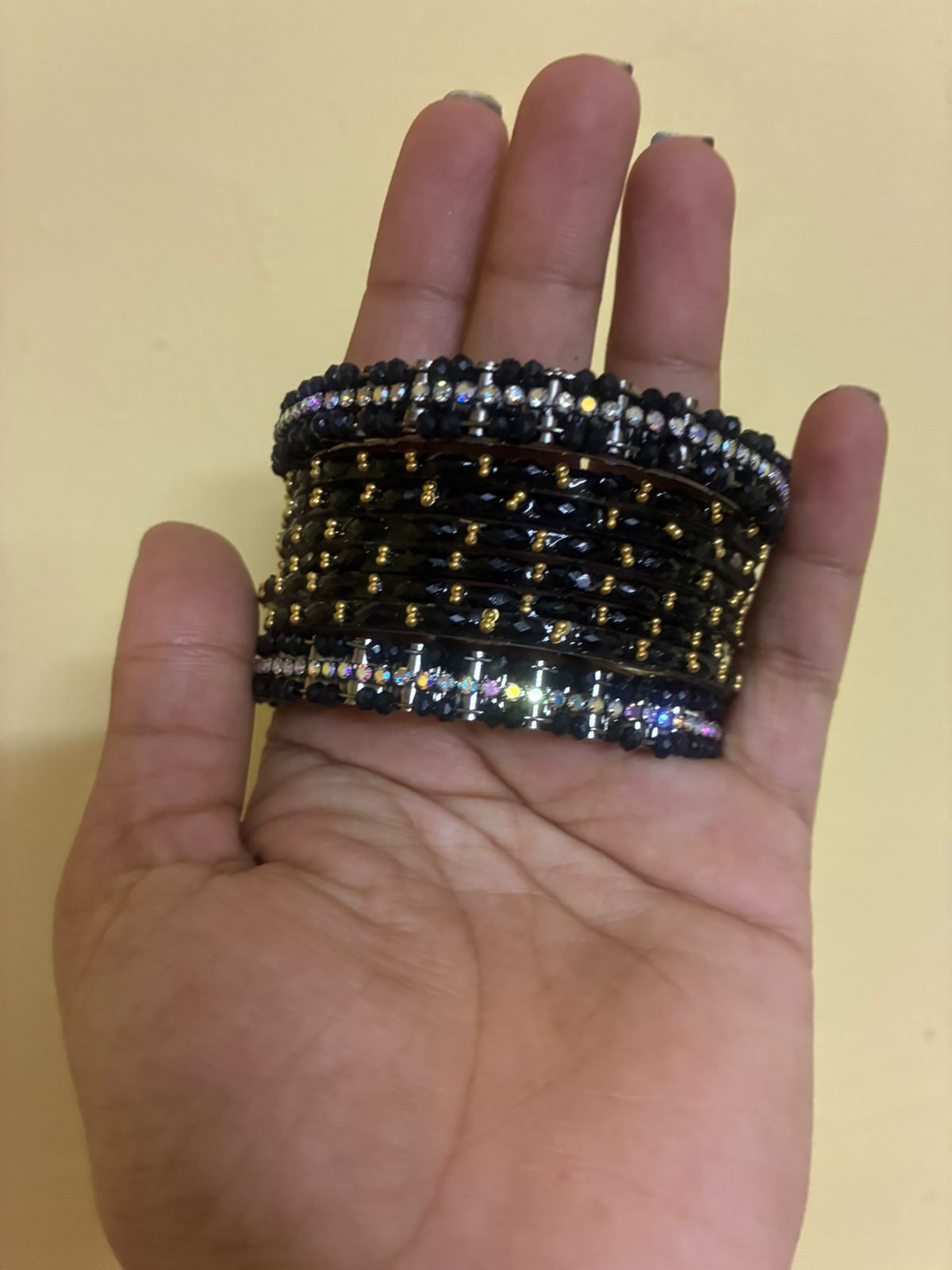 PREMIUM QUALITY Black Bangles with white sparkling stones set of 4