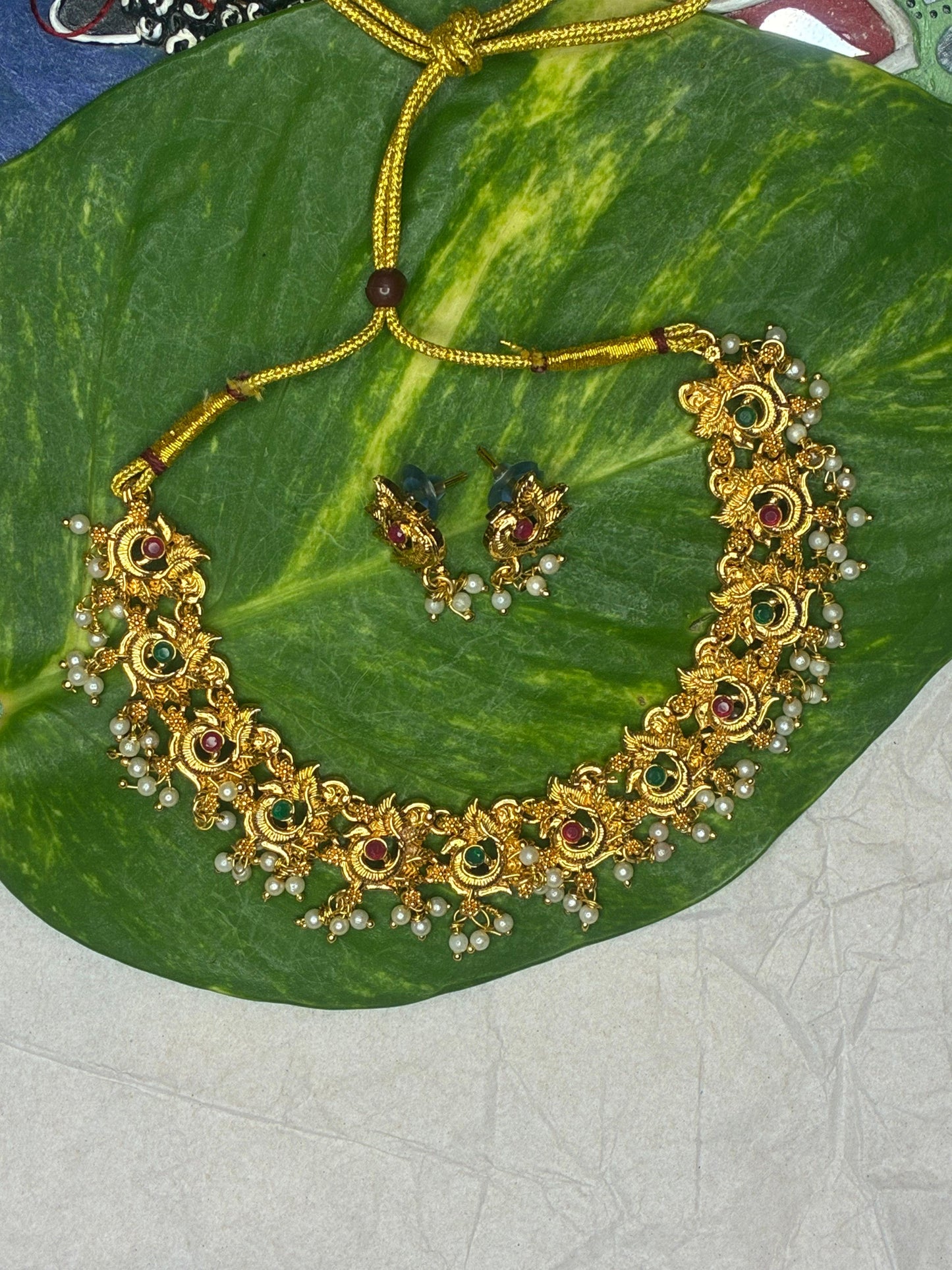 NEW ARRIVAL!!Leaf & Shank Motif beautiful temple jewellery neck piece with Ear rings