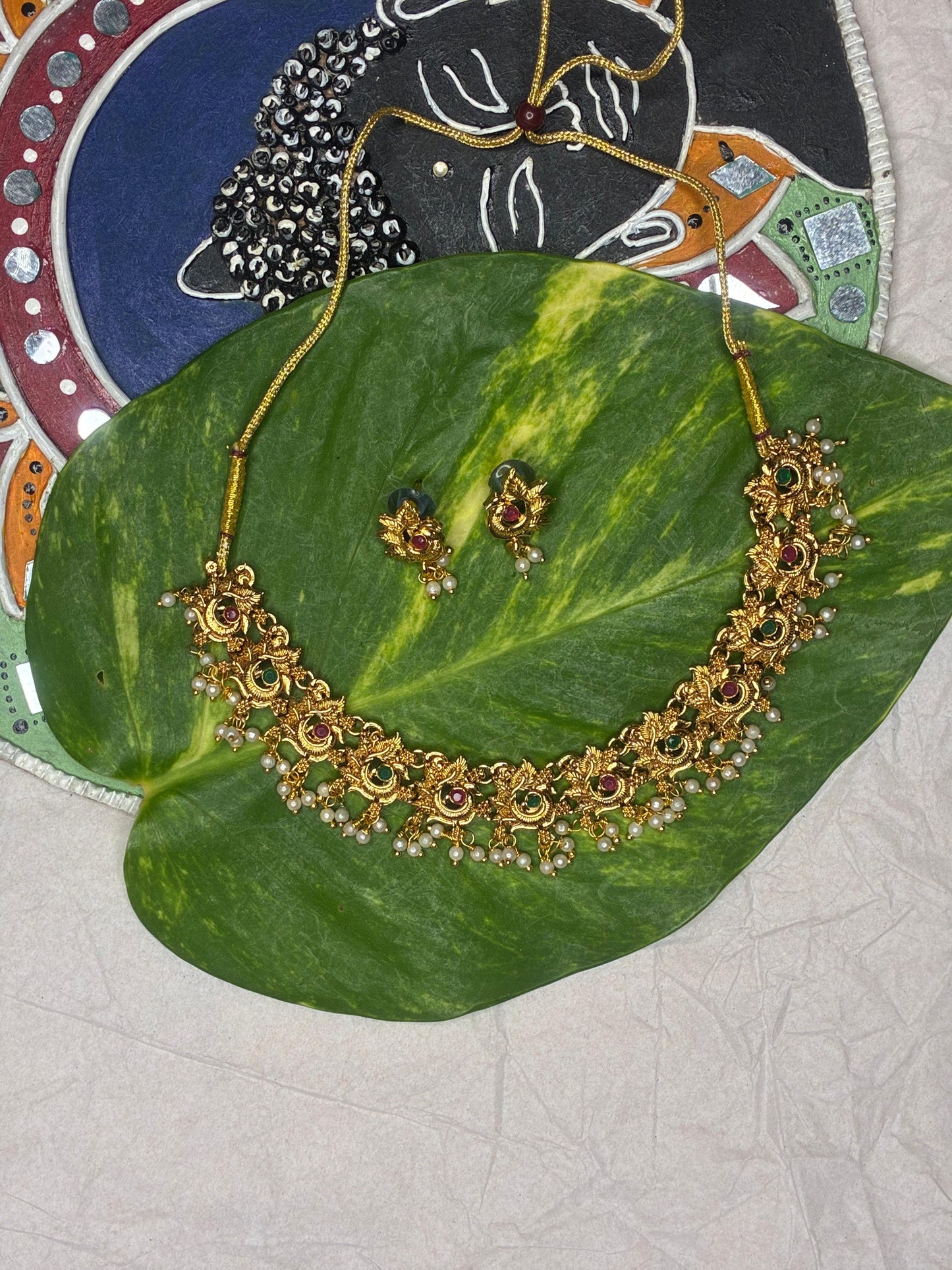 NEW ARRIVAL!!Leaf & Shank Motif beautiful temple jewellery neck piece with Ear rings